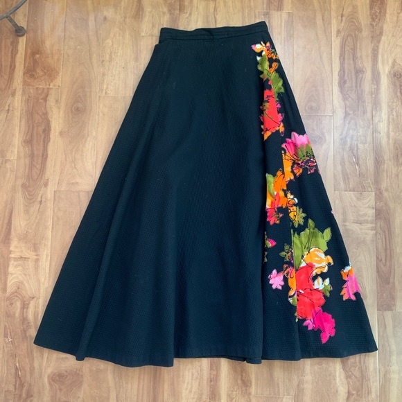 Vintage Union Label Black & Floral Appliqué A-Line Full Maxi Skirt - Picture 5 of 11